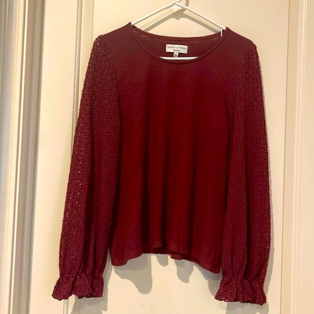 Madewell Burgundy Lace Sleeve Top Texture and Thread